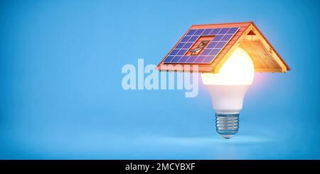 Solar energy ecological concept. Light bulb and roof with solar panels on blue background. 3d illustration Stock Photo