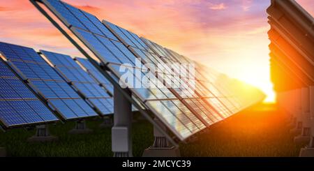 Solar panels, photovoltaics on evening sky background. 3d illustration Stock Photo