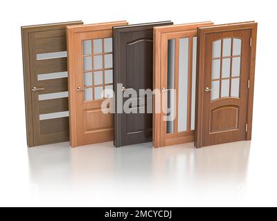 Doors in a row in different materials, colors and design. 3d illustration Stock Photo
