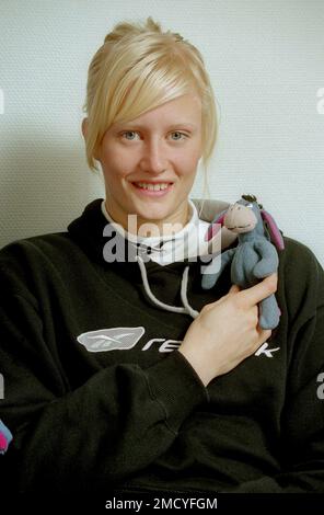 CAROLINA KLÜFT retired Swedish track and field athlete competed in heptathlon with her collection of Eeyore toy figure that remind her of her philosophy that sport is for fun Stock Photo