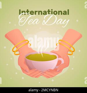 International Tea Day 21 May or 15 December. Woman hand hold a cup with green tea. Greeting square template for social media, website or postcard Stock Vector