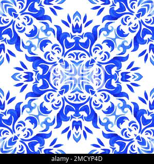 Watercolor blue damask hand drawn ceramic tile design. Seamless pattern, tiling ornament. Gorgeous mediterranean wall decor Stock Photo