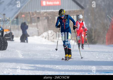 Arinsal, Andorra : January 22, 2023 : ALBA DE SILVESTRO of Italy in action during the ISMF Ski Mountaineering World Cup Comapedrosa Vertical Race Senior Women Andorra 2023 in January 2023. Stock Photo