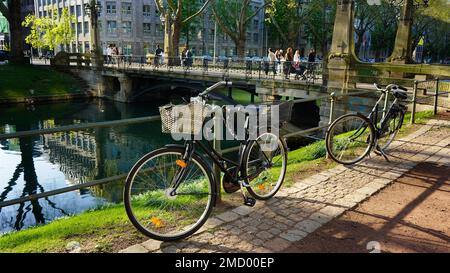 Königsallee is not only a famous shopping boulevard in Düsseldorf, but also has green areas with old trees. Bikes parked at the city canal 'Kö-Graben'. Stock Photo