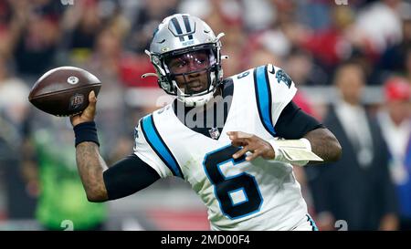 Carolina Panthers quarterback P.J. Walker (6) runs off the field against  the New York Giants during an NFL football game, Sunday, Oct. 24, 2021, in  East Rutherford, N.J. (AP Photo/Adam Hunger Stock