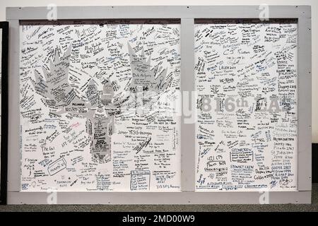 A panel from the 816th Expeditionary Airlift Squadron operations building signed by the Airmen involved with Operation Allies Refuge at the Air Force Museum in Dayton, Ohio, July 11, 2022. These items will be kept safe in the museum as a testimony for future generations to understand what Airmen are capable of accomplishing. Stock Photo