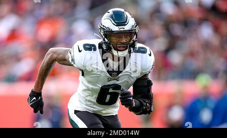 Philadelphia Eagles wide receiver DeVonta Smith (6) catches the ball during  warm-ups prior to the NFL divisional round playoff football game against  the New York Giants, Saturday, Jan. 21, 2023, in Philadelphia. (