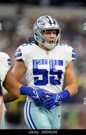 Dallas Cowboys linebacker Leighton Vander Esch (55) defense in the  secondary as he eyes the quarterback during an NFL wild-card football game  against the Tampa Bay Buccaneers, Monday, Jan. 16, 2023, in