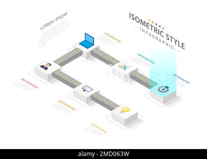 Infographic template for business. 6 Steps Modern Isometric Timeline diagram with conveyor concept, corporate isometric presentation vector infographi Stock Vector