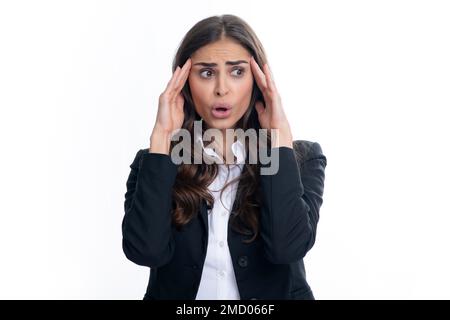 Screaming hate rage woman face. Female office worker, success manager. Emotional angry woman screaming on studio isolated background. Human emotions Stock Photo