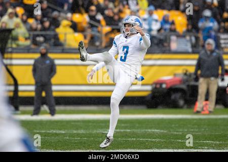 Detroit Lions punter Jack Fox (3) follows through during a punt during an  NFL football game, Sunday, November 14, 2021 in Pittsburgh. (AP Photo/Matt  Durisko Stock Photo - Alamy