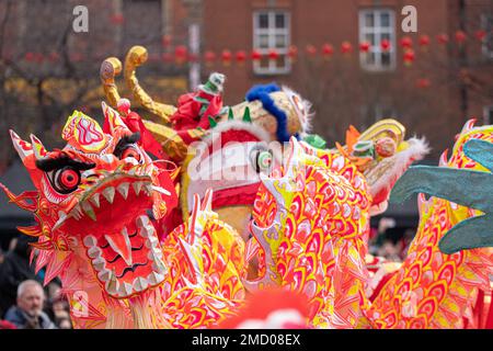 Manchester, UK. 22nd Jan 2023. Chinese New year (the year of the rabbit ) in Manchester. Parade 22 January 2023  went from Manchester Central to China town in Manchester centre. Picture: garyroberts/worldwidefeatures.com Credit: GaryRobertsphotography/Alamy Live News Stock Photo
