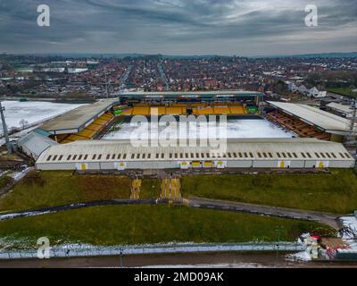 Port Vale Football Club , Vale Park , Aerial Drone In the Snow, Stoke on Trent Staffordshire Aerial Drone From The Air Birds Eye View Stock Photo