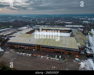 Port Vale Football Club , Vale Park , Aerial Drone In the Snow, Stoke on Trent Staffordshire Aerial Drone From The Air Birds Eye View Stock Photo