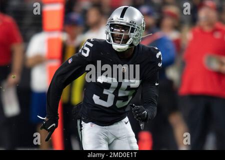 Las Vegas Raiders cornerback Brandon Facyson (35) wears a JM sticker on his  helmet in honor of John Madden before an NFL football game against the  Indianapolis Colts, Sunday, Jan. 2, 2022