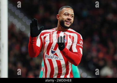 Memphis Depay of Atletico de Madrid during the Spanish championship La Liga football match between Atletico de Madrid and Real Valladolid on January 21, 2023 at Civitas Metropolitano stadium in Madrid, Spain - Photo: Irina R Hipolito/DPPI/LiveMedia Stock Photo