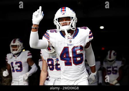 Buffalo Bills free safety Jaquan Johnson (46) gets into position during the  second half of an NFL wild-card playoff football game against the New  England Patriots in Orchard Park, N.Y., Saturday, Jan.