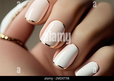 A French manicure is a popular nail polish style where the nails are  painted with a pale pink or beige color on the base, and the tips are  painted wit Stock Photo -