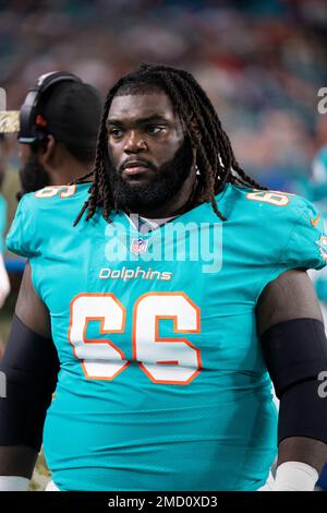 Miami Dolphins guard Solomon Kindley (66) walks on the sidelines during an  NFL football game against the Baltimore Ravens, Thursday Nov. 11, 2021, in  Miami Gardens, Fla. (AP Photo/Doug Murray Stock Photo - Alamy