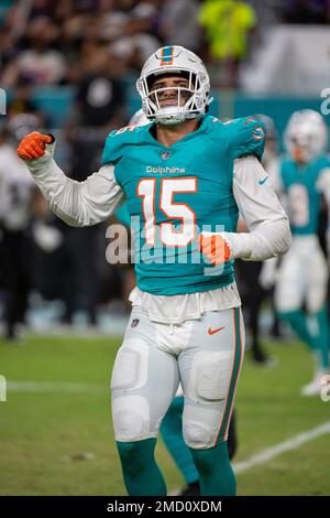 Miami Dolphins linebacker Jaelan Phillips (15) runs to the ball during the  second half of an NFL football game against the Jacksonville Jaguars at Tottenham  Hotspur Stadium in London, Sunday, Oct. 17