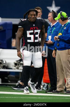 Atlanta Falcons linebacker Daren Bates (53) runs onto the field during an  NFL football game against the Dallas Cowboys, Sunday, Aug 14, 2021, in  Arlington, Texas. Dallas won 43-3. (AP Photo/Brandon Wade