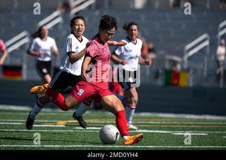 South Korea’s Nah Nul Kwon scores a penalty kick goal at the end of the first half of Korea’s game with Canada during the 13th CISM (International Military Sports Council) World Military Women’s Football Championship in Meade, Washington July 12, 2022.  Germany beat Ireland 3-0. (DoD photo by EJ Hersom) Stock Photo