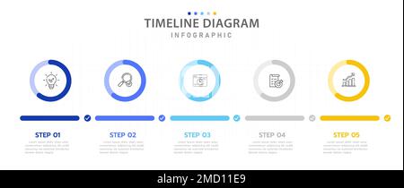 Infographic template for business. 5 Steps Modern Timeline diagram with percent pie chart, presentation vector infographic. Stock Vector