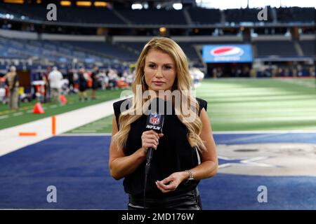 NFL Network reporter Jane Slater does a report before a Thanksgiving day NFL  football game between the New York Giants and the Dallas Cowboys on  Thursday, November 24, 2022, in Arlington, Texas. (