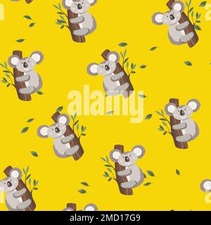 Seamless pattern with cute koala baby on color background. Funny australian animals. Card, postcards for kids. Flat vector illustration for fabric Stock Vector