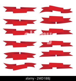 Set of red flat ribbons isolated on white background. Ribbon banner vector illustration. Watercolor lace Stock Vector