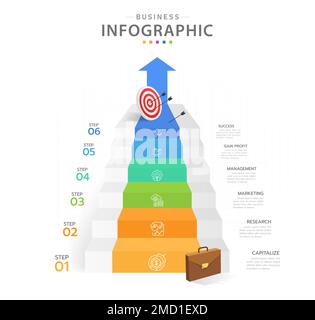 Infographic template for business. 5 Steps Modern Stair diagram with dartboard and arrows presentation vector infographic. Stock Vector