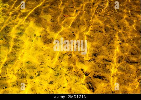 Closeup of a wavy surface of lake water flow near the coast. Hot sunbeams penetrating through the thin water layer and reflecting from the sandy botto Stock Photo