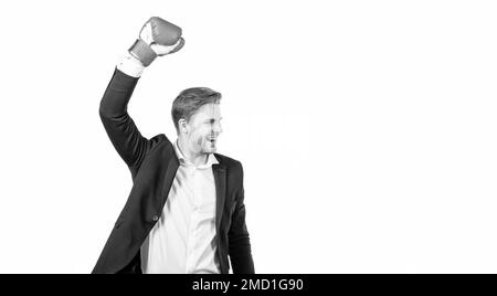 Success is born in fight. Happy businessman raise hand in boxing glove. Professional success. Successful man make strength gesture. You can do it, cop Stock Photo