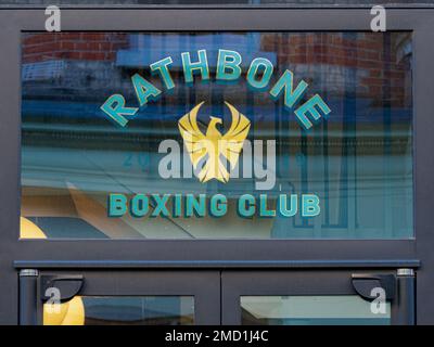 Rathbone Boxing Club gym on Rathbone St, Fitzrovia, London. Boxing Gym opened in 2019, home to the Rathbone Amateur Boxing Club Stock Photo