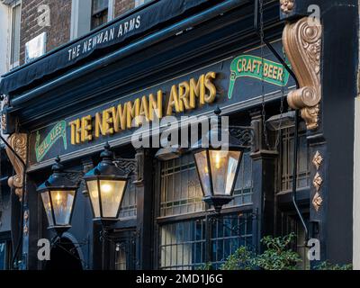 The Newman Arms Fitzrovia London - well known pub, dating back to 1730, located at 23 Rathbone St, Fitzrovia, London. 1984 Novel's Proles Pub. Stock Photo