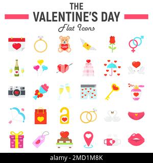 Happy Valentines Day flat icon set, holiday symbols collection, vector sketches, logo illustrations, wedding signs colorful solid pictograms package isolated on white background, eps 10. Stock Vector