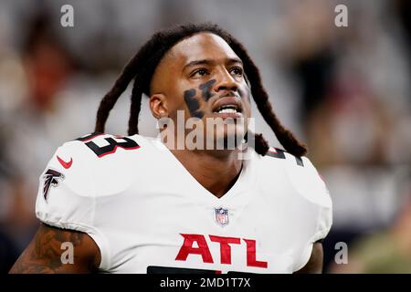 Atlanta Falcons linebacker Daren Bates (53) runs onto the field during an  NFL football game against the Dallas Cowboys, Sunday, Aug 14, 2021, in  Arlington, Texas. Dallas won 43-3. (AP Photo/Brandon Wade