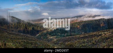 Mist Clearing from Macclesfield Forest in autumn, Macclesfield Forest, Cheshire, England, UK Stock Photo
