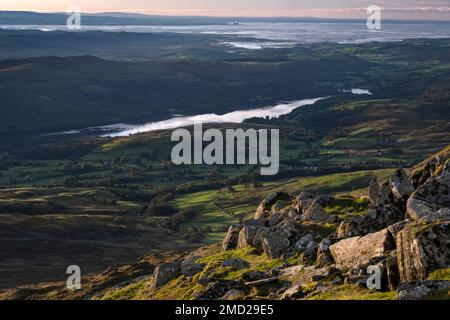 Coniston Water & Morecambe Bay from The Old Man of Coniston, Lake District National Park, Cumbria, England, UK Stock Photo