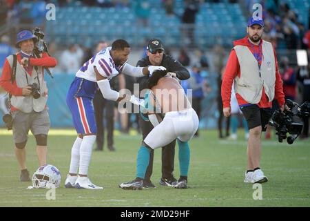 Buffalo Bills free safety Jaquan Johnson (46) gets into position during the  second half of an NFL wild-card playoff football game against the New  England Patriots in Orchard Park, N.Y., Saturday, Jan.