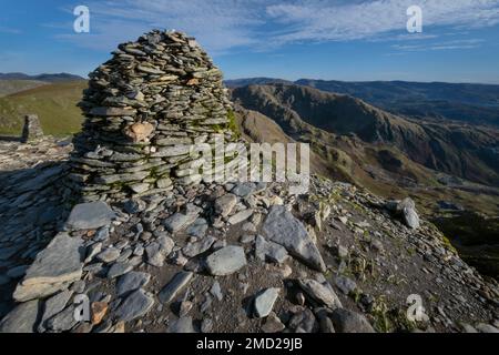 Coniston Fells from The Old Man of Coniston summit Cairn, Lake District National Park, Cumbria, England, UK Stock Photo