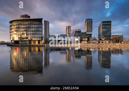 MediaCityUK reflected in the North Bay, Salford Quays, Salford, Manchester, England, UK Stock Photo