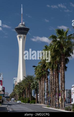 The STRAT Hotel Tower and Las Vegas Boulevard, formerly The Stratosphere Hotel Tower, Las Vegas, Nevada, USA Stock Photo