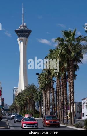 The STRAT Hotel Tower and Traffic on Las Vegas Boulevard, Las Vegas, Nevada, USA Stock Photo