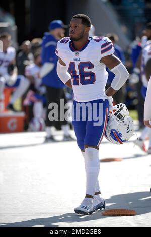 Buffalo Bills free safety Jaquan Johnson (46) gets into position during the  second half of an NFL wild-card playoff football game against the New  England Patriots in Orchard Park, N.Y., Saturday, Jan.