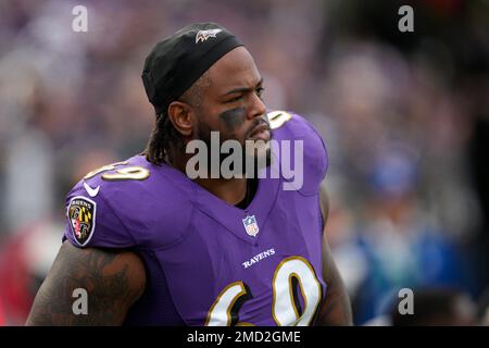 Baltimore Ravens guard/tackle Kahlil McKenzie (69) looks on during the  second half of an NFL football game against the Minnesota Vikings, Sunday,  Nov. 7, 2021, in Baltimore. (AP Photo/Nick Wass Stock Photo 