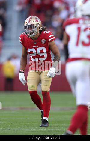 San Francisco 49ers safety Talanoa Hufanga (29) stands on the field during  an NFL football game against the Arizona Cardinals, Sunday, Jan.8, 2023, in  Santa Clara, Calif. (AP Photo/Scot Tucker Stock Photo 