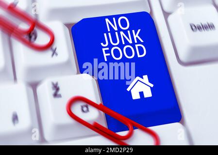 Sign displaying No Junk Food. Word Written on Stop eating unhealthy things go on a diet give up burgers fries Stock Photo