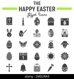 Happy Easter glyph icon set, holiday symbols collection, vector sketches, logo illustrations, celebration signs solid pictograms package isolated on white background, eps 10. Stock Vector