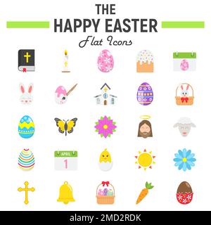 Happy Easter flat icon set, holiday symbols collection, vector sketches, logo illustrations, celebration signs colorful solid pictograms package isolated on white background, eps 10. Stock Vector